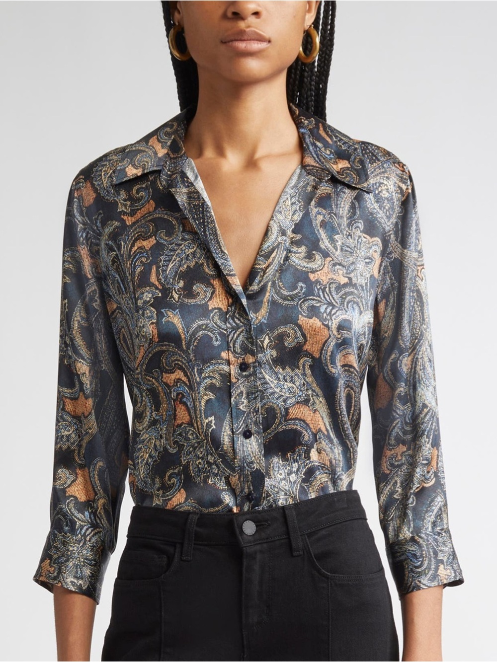 L’AGENCE Dani Silk Blouse M Midnight Paisley 3/4 Sleeve Button Down $380 NWT